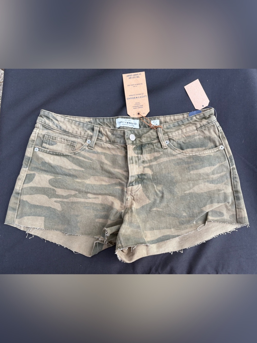 Lucky Brand Camo Green Distressed Denim Shorts